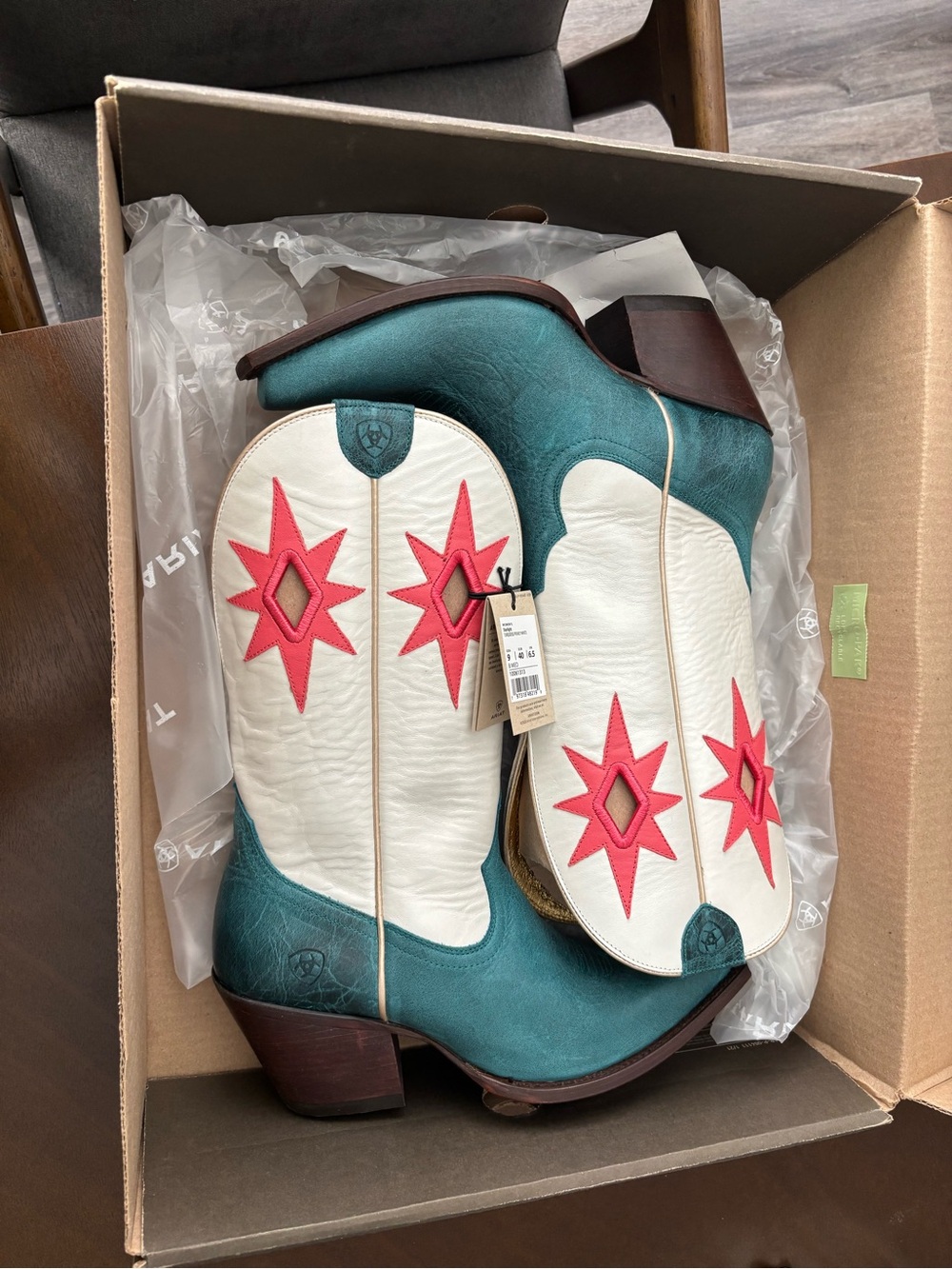 Ariat Teal, White and Pink Starlight Western Snip Toe Heeled Boots